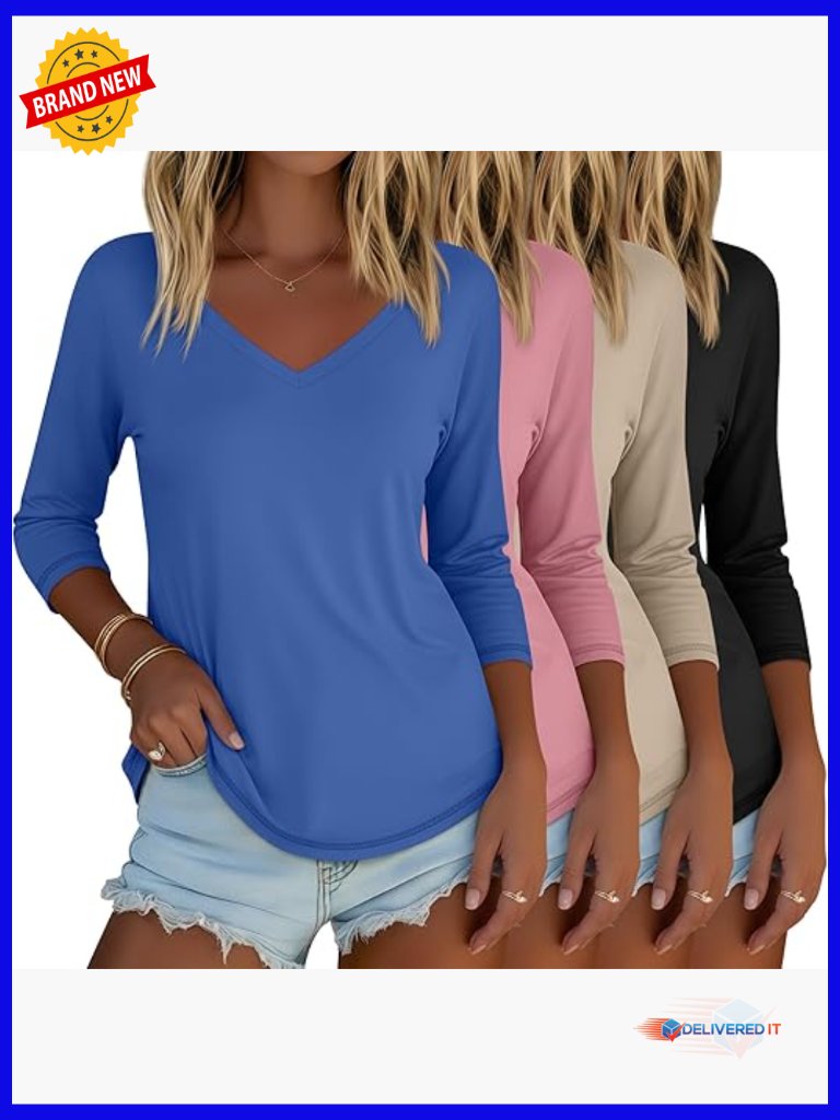 4 Pack Women's 3/4 Sleeve V Neck Casual Tunic Tops Loose Fit Tees